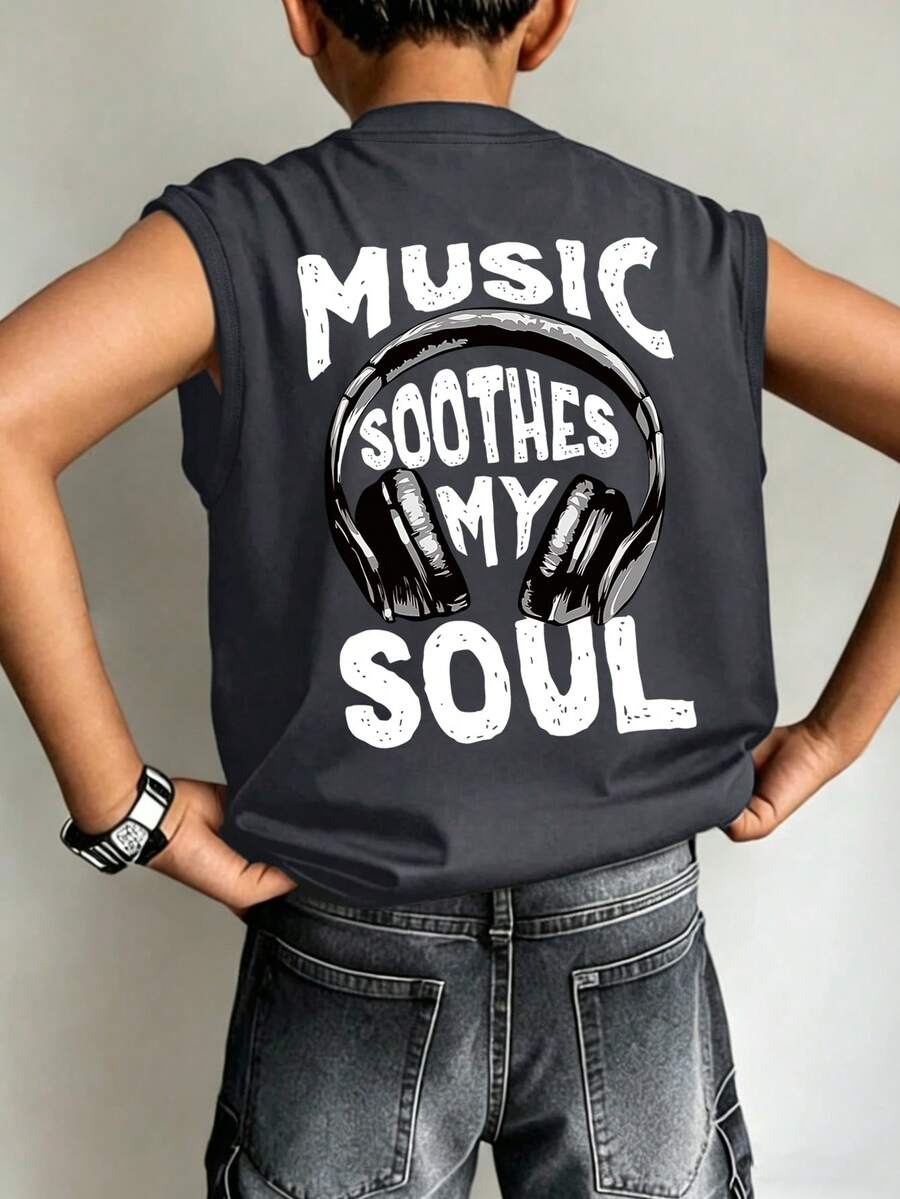 Tween Boy Music Style Headphones & Letter Print Sleeveless Crew Neck Tank Top, Comfortable Summer - Dark Grey - View 1
