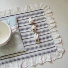 1/2/4件組藍白條紋鏤空刺繡蕾絲餐墊，韓風軟質Ins風創意餐巾攝影道具桌面裝飾布 - 彩色 - 查看 1