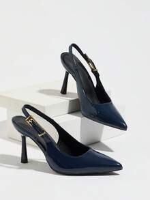 Women's Pointed Toe Slingback High Heel Sandals, Low Vamp Backless Spring Summer Party Banquet Casual Versatile Professional Work Shoes, Elegant And Comfortable - Navy Blue - View 5