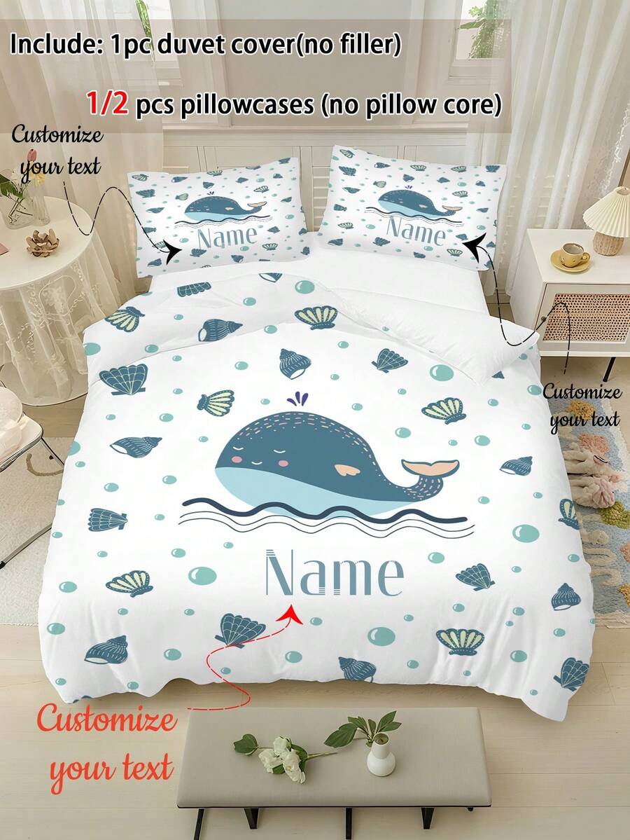 2/3pcs Customized Name Whale & Shell Print Duvet Cover Set, Cute Cartoon Ocean Style Polyester Bedding, Soft & Breathable Kids Duvet Cover With Pillowcases, Suitable For Boys & Girls Bedroom, Birthday Gift, All Seasons - Multicolor - View 1