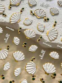 1 Sheet 5D Embossed Seashell Nail Stickers, Golden Foil Edge Green Rhinestone Summer Sea Shell Nail Art Decals Ocean Theme Self-Adhesive DIY Manicure Decorations - Multicolor - View 7