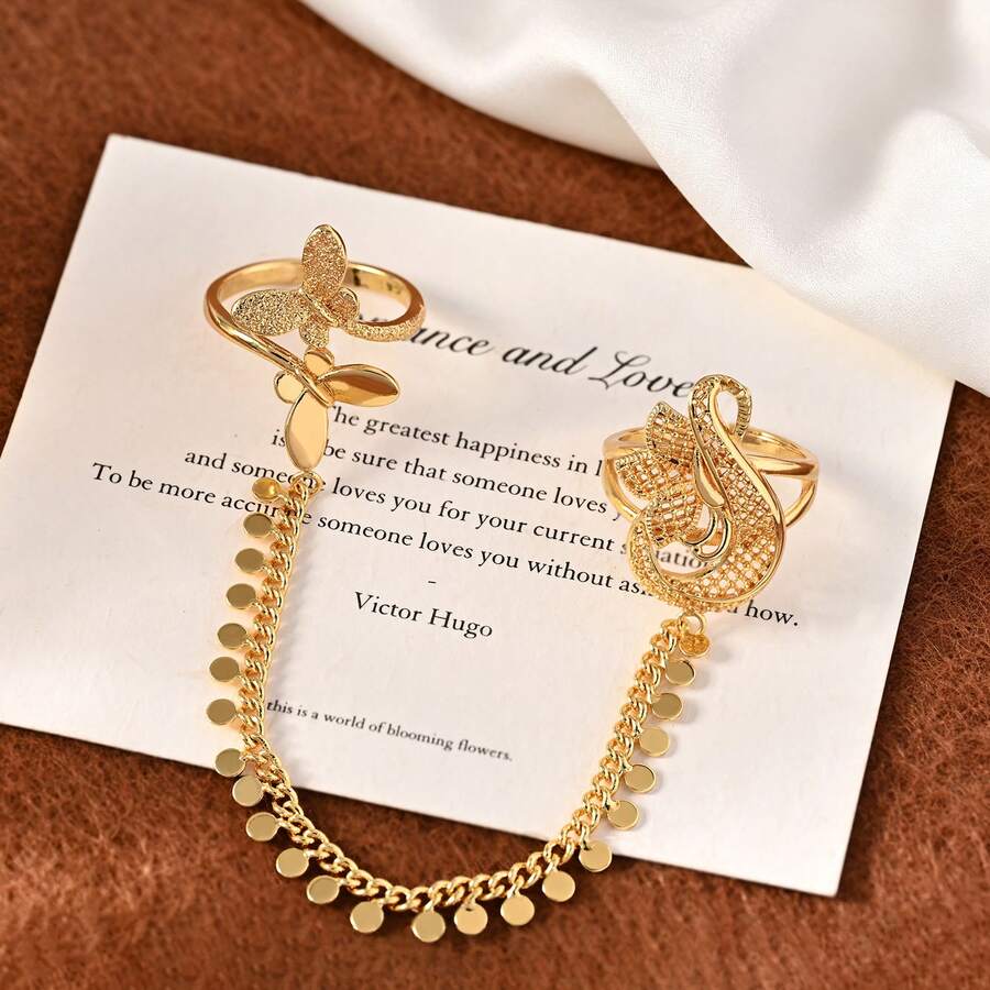1pc Elegant Gold Butterfly & Swan Design Double Finger Ring With Tassel Coin Chain, Women's Daily Wear Ring, Also Suitable As Valentine's Day Gift - Gold - View 1