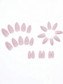 24入短杏仁形美甲貼片，極簡純色假指甲，亮面質感，適合女性與女孩日常佩戴的美甲用品 - 淺粉色 - 查看 4