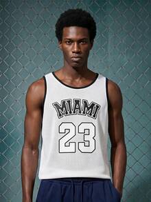 EVRINFINITE Retro American World Cup Theme Sports Tank Top For Men, Letter Print Mesh Basketball Jersey, Fitness Workout Shirt - White - View 1