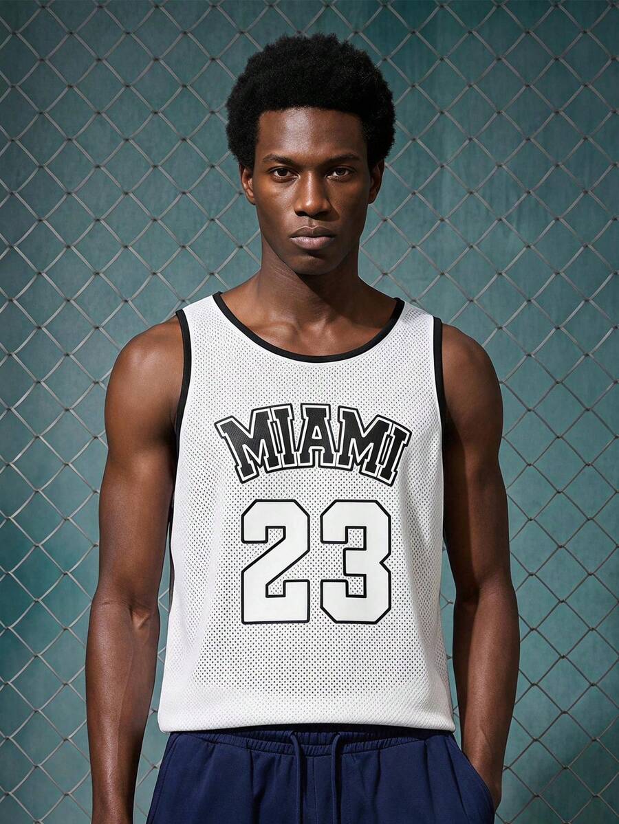 EVRINFINITE Retro American World Cup Theme Sports Tank Top For Men, Letter Print Mesh Basketball Jersey, Fitness Workout Shirt - White - View 1