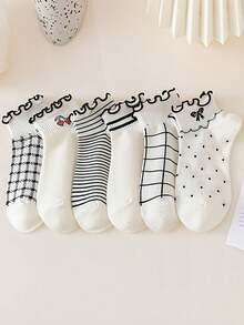 6 pares de calcetines cómodos y lindos a rayas y cuadros, calcetines dulces con borde de volantes para mujer, adecuados para uso diario - Multicolor - Ver 9