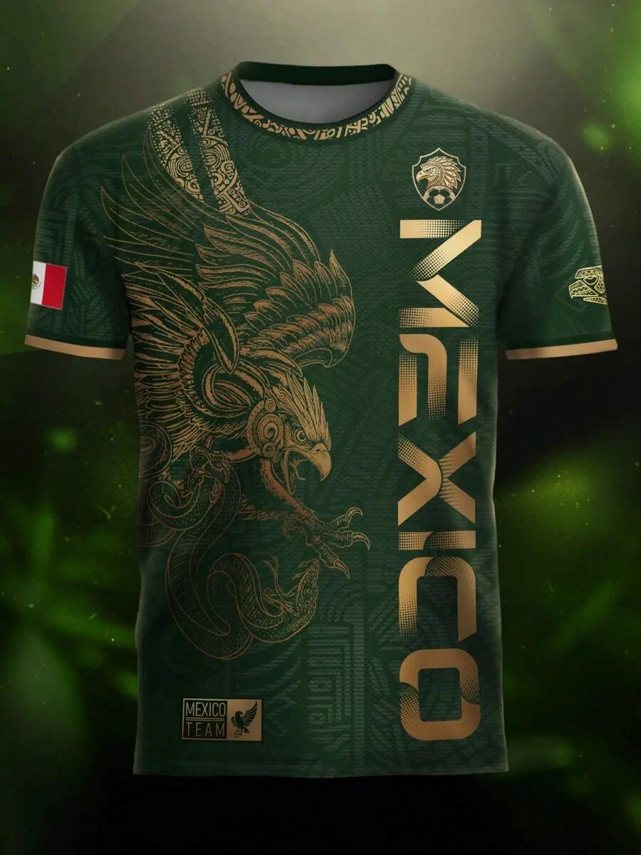 TIN "Mexico Golden Eagle" Football Shirt, Heritage Of The Warrior, Fitted And Casual Long-Sleeved Design, All-Over Print For All Seasons - 綠色 - 查看 1