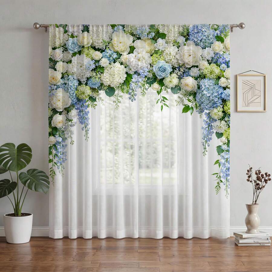 NOSBEI 1PC Light Blue White Hydrangea Rose Print Rod Pocket Curtain, Semi-Sheer Light Filtering Window Drape, Elegant Floral Arrangement For Bedroom Living Room Decor - Multicolor - View 1