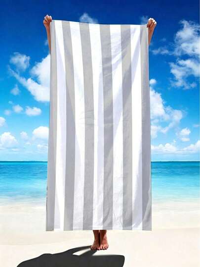 1pc Light Gray Striped Beach Towel, Microfiber Beach Towel, Super Absorbent Beach Towel, Thickened Towel, Travel Beach Towel, Sports Pool Towel, Bathroom Camping Towel, Yoga Girls Women Adult Beach Towel, Beach Essential, Multi-Size, Soft, Absorbent, Bathroom Essential, Vacation Essential, Beach, Swimming, Beach, Pool, Fitness, Multi-Purpose, Bath Towel, Beach Towel
