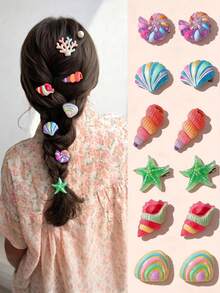12pcs Kids Beach Vacation Colorful Shell, Conch, Starfish Hair Clip Set, Ocean Style Girls Hair Accessories - Multicolor - View 2