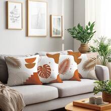4 pièces Housses de coussin orange et marron avec motif de feuilles botaniques géométriques, imprimées sur un seul côté en velours de peau de pêche doux pour la peau, housses de coussin 45*45CM convenant pour la décoration intérieure, la décoration de fête, les housses de coussin décoratives en cadeau - Multicolore - Voir 10