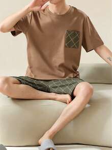 AICJ 2pcs Men's Solid Color Casual Loose Minimalist Pocket Round Neck Short Sleeve Plaid Shorts Pajama Set, Suitable For Spring & Summer - Brown - View 3