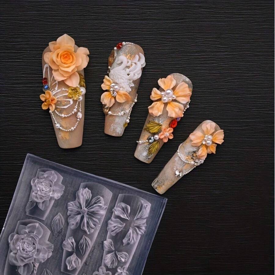 透明矽膠美甲模具 3D 玫瑰花瓣與葉片浮雕設計 清晰刻線 多款花朵造型 美甲 DIY 裝飾工具 3D 花卉造型 適用於美甲沙龍 DIY 創作 美甲 3D 飾品模具 - 彩色 - 查看 1