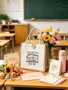 「Best Teacher」花卉字母印花亞麻托特包，教師禮物，可重複使用印花購物袋，適合通勤與返校使用 - 彩色 - 查看 2