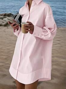 Plus Size Women's Vacation Casual Long-Sleeved Shirt Pink - Pink - View 9