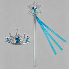 2pcs Blue Rhinestone Crown & Magic Wand Set, Includes 1 Fairy Wand And 1 Crown, Silver Snowflake Scepter With Ribbon Decoration, Party Ball Cosplay Costume Accessories, Stage Performance Photo Props, Birthday Party Dress-Up Accessories, Dreamy Princess Style,Halloween - Blue - View 1