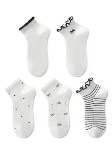 ZUJO 5 Pairs Women's Black And White Polka Dot, Bow And Striped Pattern Short Socks, Simple And Comfortable, Suitable For Spring, Autumn And Summer - View 5