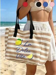Striped Canvas Bag With Colorful Fruit Pattern, Large Capacity Beach Bag, Striped Travel Tote Bag Suitable For Beach, Pool, Vacation And Daily Use, Can Store Swimwear, Towels, Sunscreen And Beach Essentials, Suitable For Women, Girls, Travelers And Beach Lovers, Perfect For Summer Vacation, Birthday And Holiday Gifts, Can Be Used As Beach Bag, Pool Bag, Vacation Bag And Travel Storage Bag - Multicolor - View 1