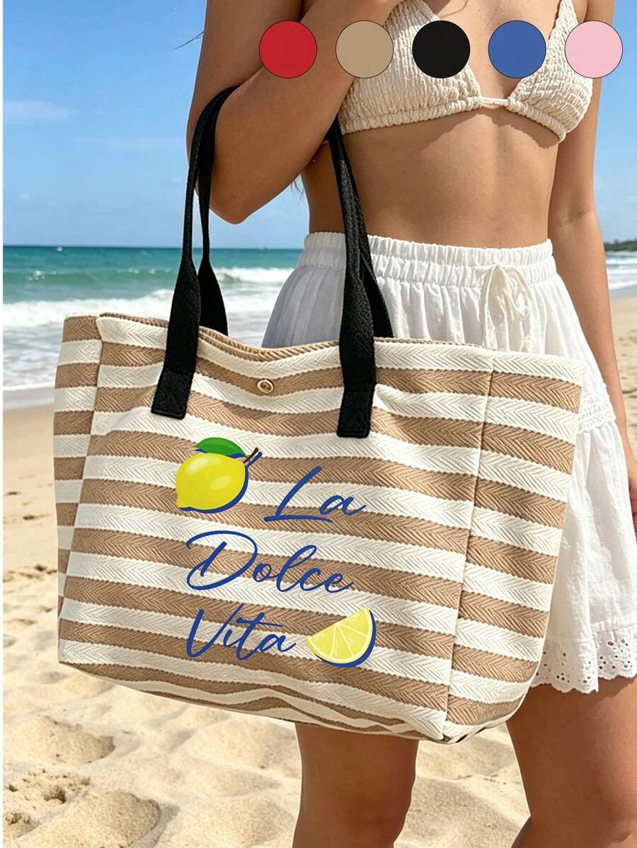 Striped Canvas Bag With Colorful Fruit Pattern, Large Capacity Beach Bag, Striped Travel Tote Bag Suitable For Beach, Pool, Vacation And Daily Use, Can Store Swimwear, Towels, Sunscreen And Beach Essentials, Suitable For Women, Girls, Travelers And Beach Lovers, Perfect For Summer Vacation, Birthday And Holiday Gifts, Can Be Used As Beach Bag, Pool Bag, Vacation Bag And Travel Storage Bag - Multicolor - View 1