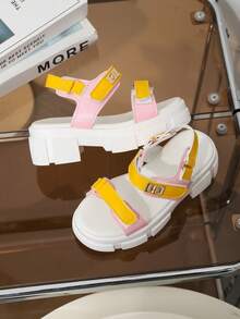 1 Pair New Summer Kids Thick Heel Sandals, Yellow & Pink Color Block Fashion Versatile, Metal Decor, Design Sense Double Hook & Loop, Simple Campus Sandals, Suitable For Daily Wear, School, Vacation Outfit - Pink - View 4