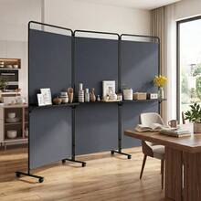 3-Panel Room Divider With Shelves 6 FT Tall Folding Privacy Screen With Lockable Wheels-Gray-XY106421 - FXCXQSJUXFPEX - View 2