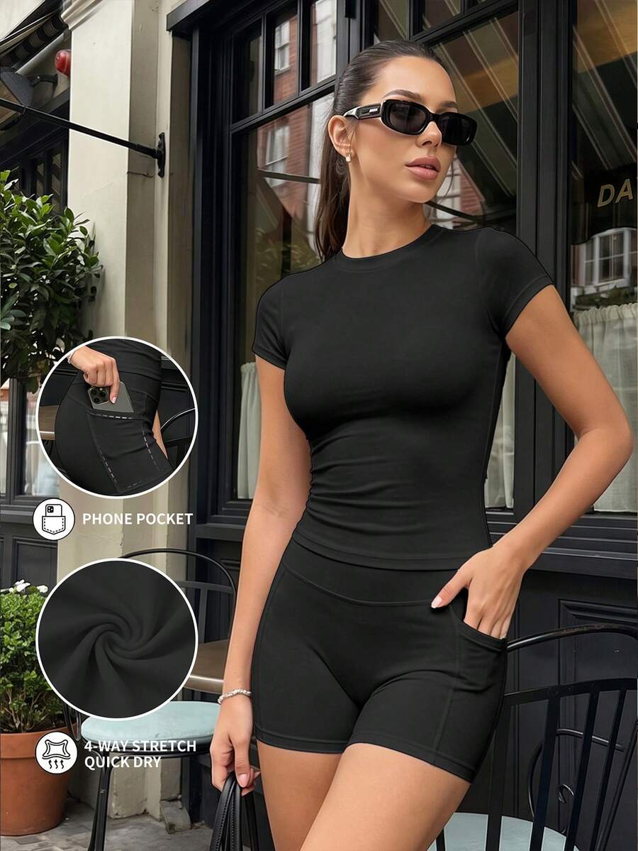 6pecil 女款 2 件組瑜伽套裝上衣,快乾四向彈性健身運動休閒服,黑色 - 黑色 - 查看 1
