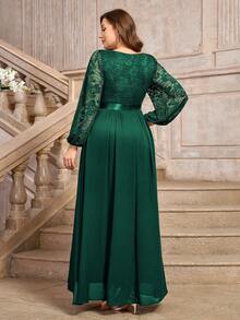 大尺碼深V領燈籠袖花卉蕾絲拼接雪紡綁腰晚宴長洋裝，婚禮賓客禮服派對秋季款 - 墨綠色 - 查看 2