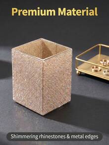 1pc Rhinestone Decorated Square Makeup Brush Holder, Large Capacity, Colorful Rhinestone Inlaid Surface, Luxurious Sparkling Style, Full Rhinestone Pattern, Square Column Shape, Neat Edge Details, Makeup Tool Container, Suitable For Bedroom Vanity, Makeup Room Tabletop And Other Scenes - Multicolor - View 5