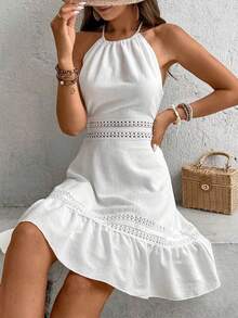 Vestido con bajo asimétrico y espalda descubierta con detalles de encaje disolvible, vestido sexy de mujer con espalda descubierta, encaje d - Marrón - Ver 6