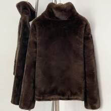 OFTBUY Jaket Pendek Bulu Imitasi Wanita, Kerah Tegak Lengan Panjang, Pakaian Musim Dingin yang Hangat - Coffee Brown - View 12
