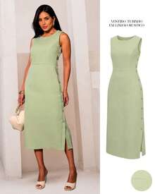 Women's Midi Dress Elegant Casual Buttons Front Simple Button - Verde Lima - Ver 1