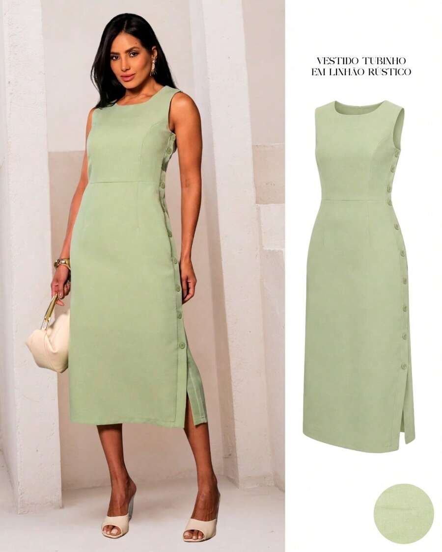Women's Midi Dress Elegant Casual Buttons Front Simple Button - Verde Lima - Ver 1