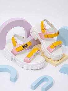 1 Pair New Summer Kids Thick Heel Sandals, Yellow & Pink Color Block Fashion Versatile, Metal Decor, Design Sense Double Hook & Loop, Simple Campus Sandals, Suitable For Daily Wear, School, Vacation Outfit - Pink - View 1