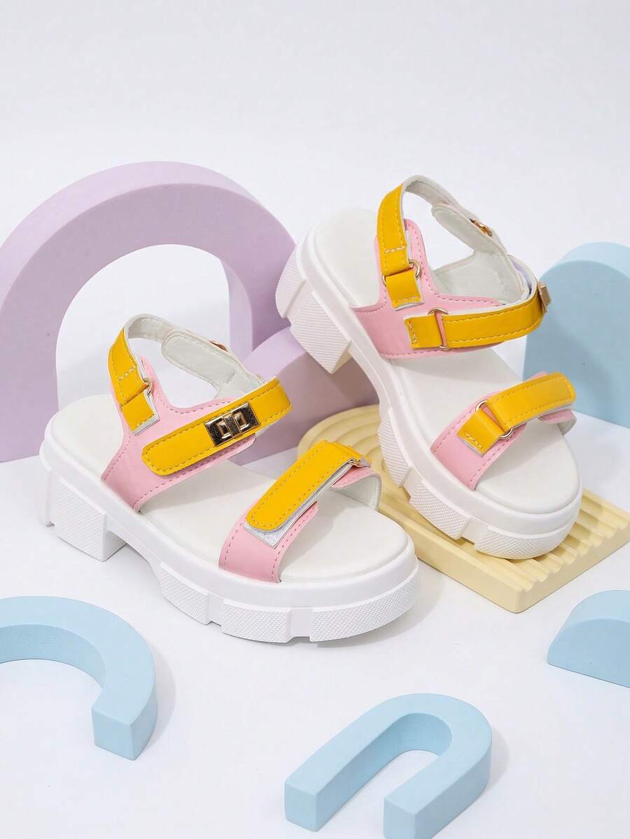 1 Pair New Summer Kids Thick Heel Sandals, Yellow & Pink Color Block Fashion Versatile, Metal Decor, Design Sense Double Hook & Loop, Simple Campus Sandals, Suitable For Daily Wear, School, Vacation Outfit - Pink - View 1