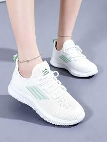 Spring/Summer Striped Breathable Mesh Women's Sports Shoes, Lightweight Soft-Sole White Sneakers, Versatile Casual Running Shoes For Daily Commute - Green - View 5