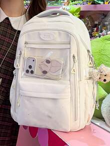 1件純色尼龍休閒學院風透明口袋字母貼布多口袋多隔層拉鍊大容量可折疊防水背包(無吊飾)適合春夏熱銷款,適合學生、校園、通勤、戶外旅行、度假禮物,可收納書本、筆袋、化妝包、化妝盒,適用於居家、送禮、度假 - 米色 - 查看 4
