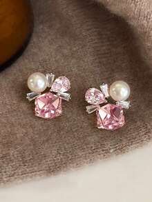 1 Pair French Elegant Unique High-End Sweet Exquisite Faux Pearl Design Glass Inlaid Fashion Stud Earrings Suitable For Women's Daily Commute, Date, Party, Gathering, Holiday Wear - Pink - View 6