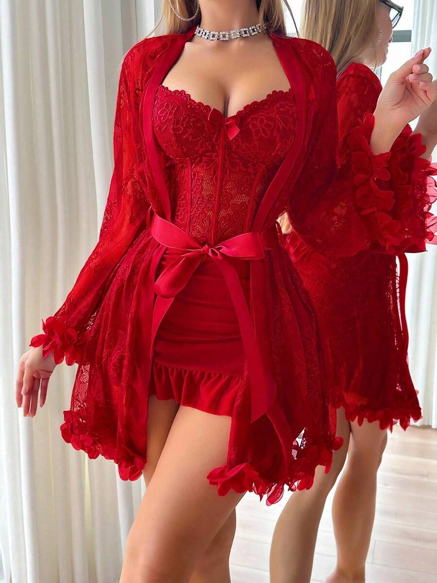 2-Piece Set: Robe With 3D Floral Lace Design + Lace Nightgown With Fishbone Waist Design - Red - View 1