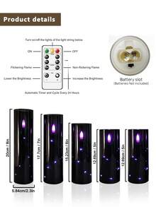 5pcs LED Flameless Candle Lights With Timer Remote Control, Battery Operated Embedded Flickering String Lights, Suitable For Halloween, Christmas, Birthday, Gift, Party, Holiday - Black - Purple Light Edition - View 9