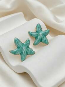 1 Pair Stainless Steel Gold-Plated Oil Drop Earrings, Low-Allergy Fade-Resistant, Elegant Green Enamel Starfish Earrings, Summer Forest Ocean Beach Style, Bohemian Style, Suitable For Women's Daily Wear, Dates, Vacations And Valentine's Day, Perfect Holiday Gift - Multicolor - View 6