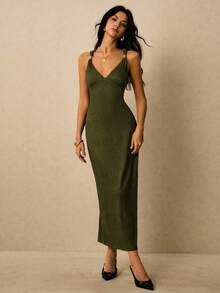 Women's Euro-American Style Midi Party Dress With Straps, Pleated Waist, Fitted Waist - 深棕色 - 查看 8