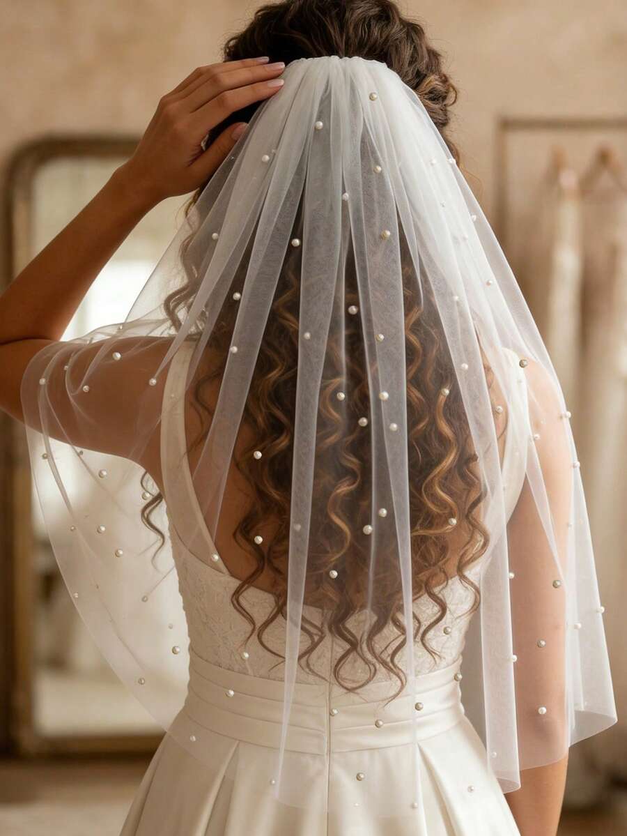 1pc Fingertip Length Bridal Veil With Faux Pearl Starry Design, Waist-Length With Hair Comb, White Sheer Mesh Wedding Registration Photo Shoot Headpiece
