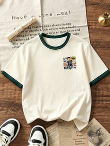 Camiseta para niños con ribete de bloques de color y tema de juego de arte de píxeles, top casual de manga corta transpirable - Negro - Ver 4