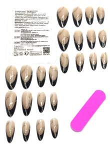 24 piezas Juego de manicura francesa con diseño dual de corazón dorado 3D y espada, con elementos dorados 3D del sol, uñas de almendra negras y burdeos, adecuado para el Día de San Valentín, Navidad, puede usarse como regalo festivo o para fiestas, incluye gel de gelatina y lima de uñas - Negro - Ver 4