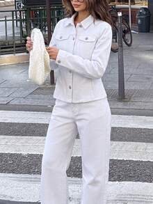 两件套女士休闲复古深色水洗牛仔上衣和裤子套装，欧美时尚春季白色 - 白色 - 查看 9