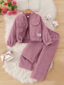 Set de 2 piezas de chaqueta y pantalones de pana suave y cómoda de unicolor para niñas, adecuado para uso al aire libre en otoño/invierno - Rosa - Ver 1
