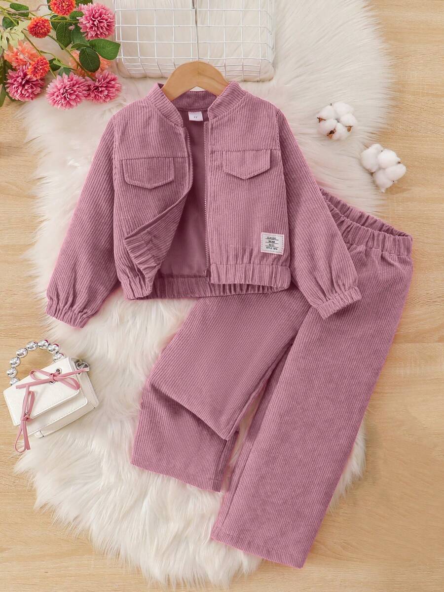 Set de 2 piezas de chaqueta y pantalones de pana suave y cómoda de unicolor para niñas, adecuado para uso al aire libre en otoño/invierno - Rosa - Ver 1