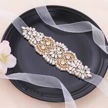 1pc Rhinestone Handmade Bridal Belt - Gold Applique+Organza White Ribbons - View 3