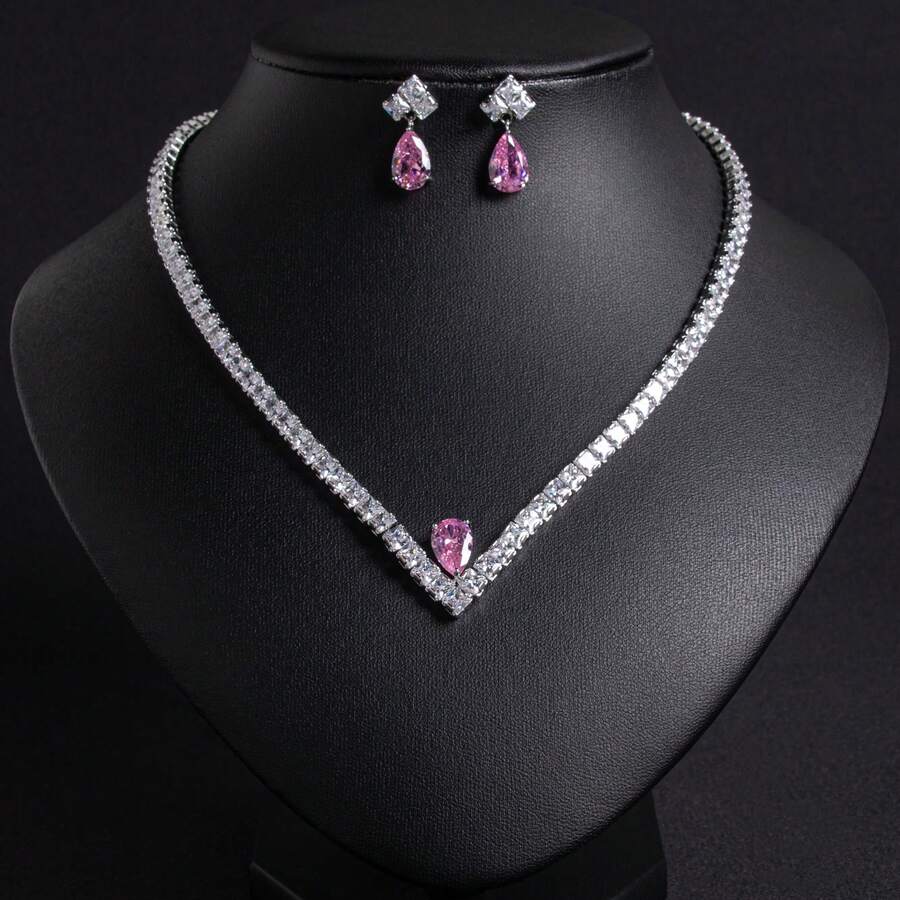 3 pièces/1set Ensemble de bijoux mode pour femmes, bijoux pour femmes, accessoires de bijoux, collier pour femmes, incrusté de zircone, forme de goutte, boucles d'oreilles, collier, ensemble de bijoux combinés, ensemble de collier, convient pour les femmes/mariées, vacances/fêtes, mariage/banquet, cadeau