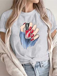 Women's Short And Round Neck Top - Cartoon Print With Nail Polish, Loose Fit For Spring And Summer, Machine Washable, Non-See-Through Fabric, Suitable For Daily Wear - 黑色 - 查看 6